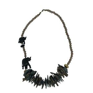 Wooden Safari Statement Necklace Vintage Hand Carved Elephant 25.5" Beads